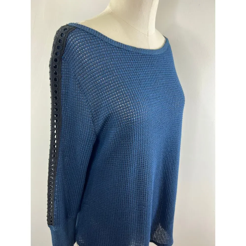 Soft Surrounding Bailey Sweater Blue Waffle Knit Lace Trim Petite Medium PM M